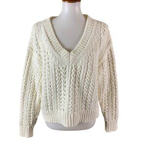 Hello Nite Cream Chenille Cable Knit Oversized V Neck Pullover Sweater Medium